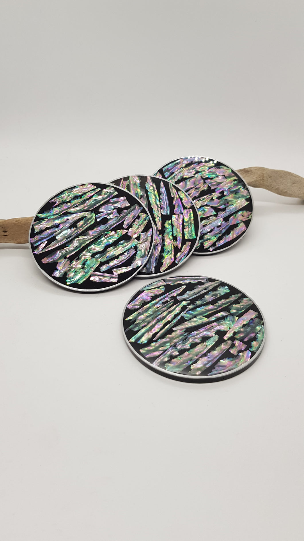 Set of 4 x Black & Silver Mother Of Pearl Resin Coasters