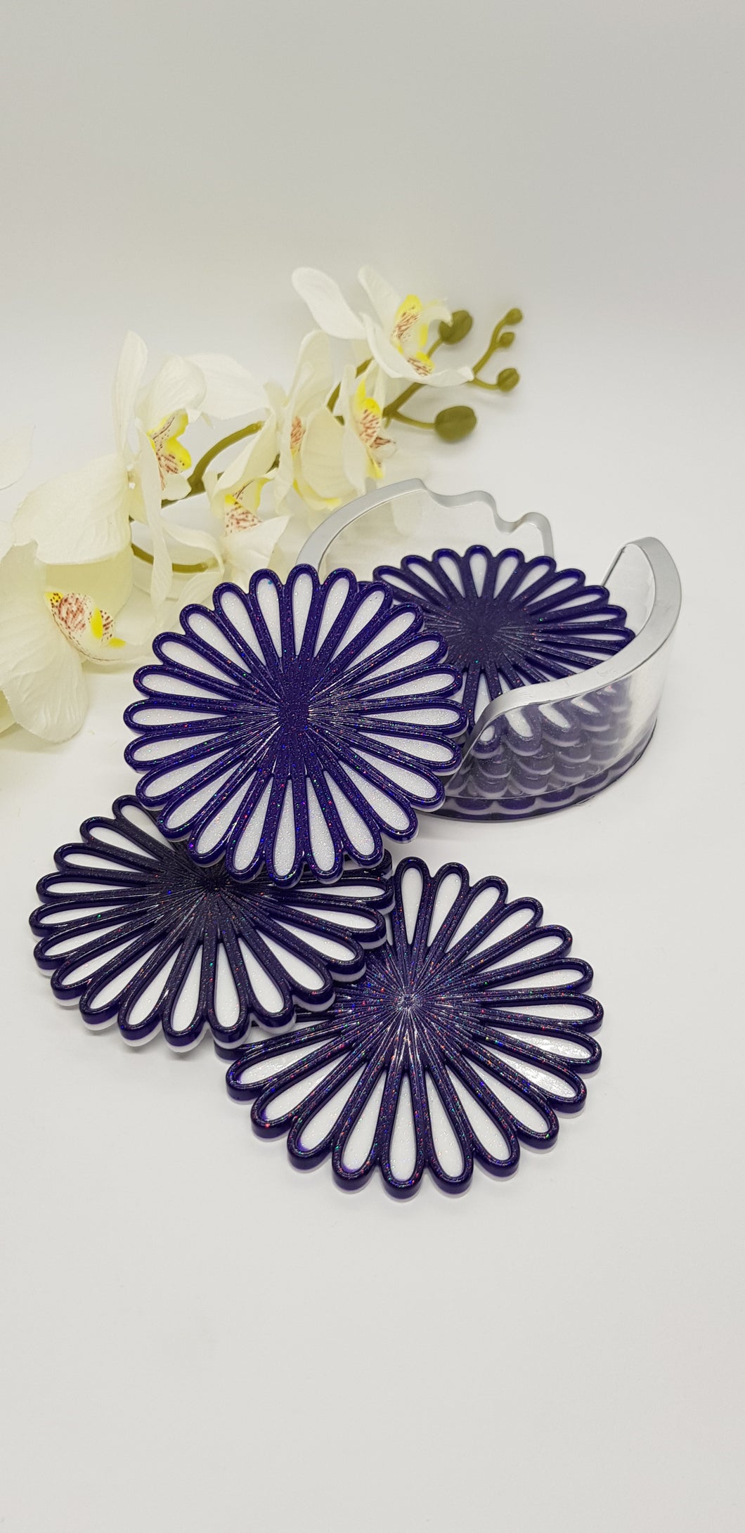 Violet Glitter Daisy Resin Coasters & Coaster Holder Set