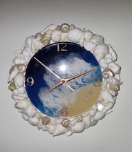 Load image into Gallery viewer, Ocean Beach Resin Clock Featuring A Border of White &amp; Pearl Seashells
