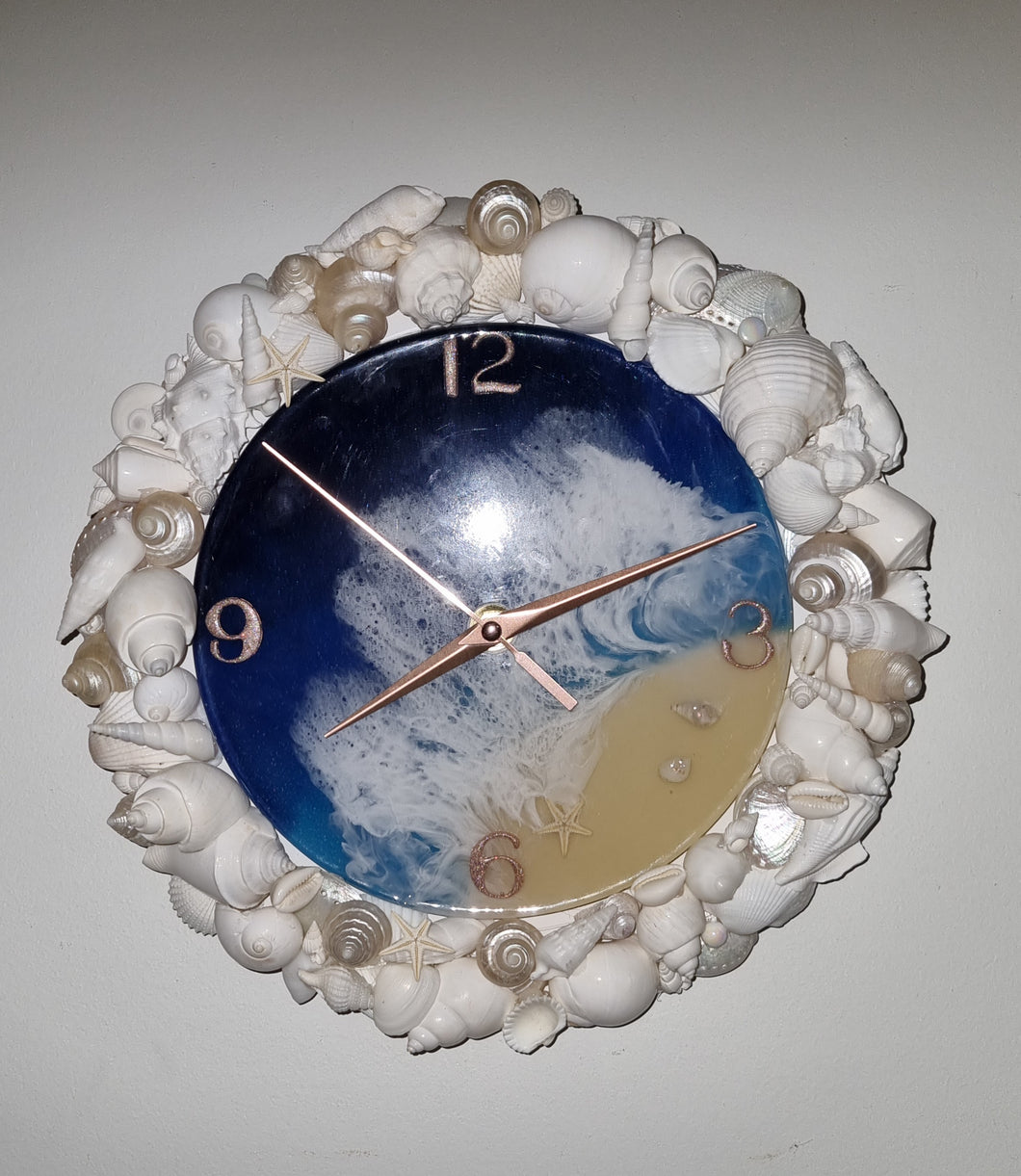 Ocean Beach Resin Clock Featuring A Border of White & Pearl Seashells