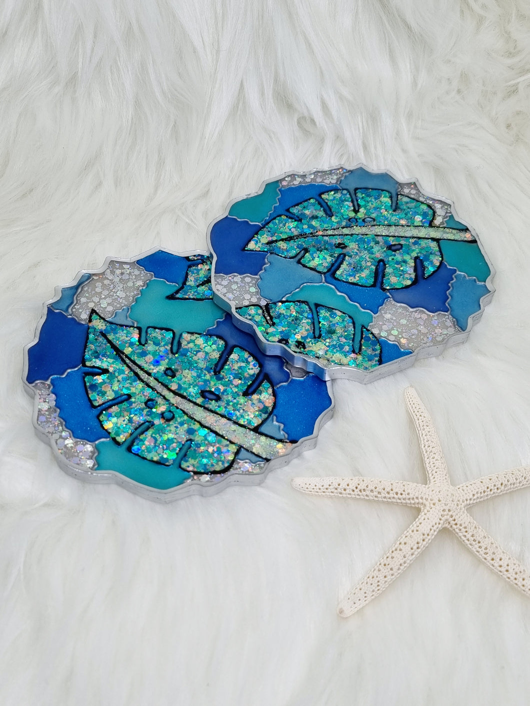 Hand Painted Monstera Leaf Geode Resin Coasters