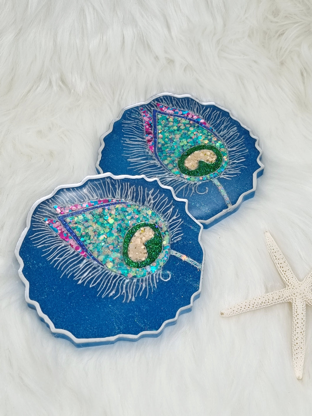 Peacock Feather Geode Resin Coasters