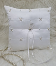 Load image into Gallery viewer, White Satin Diamante &amp; Pearl Wedding Ring Pillow
