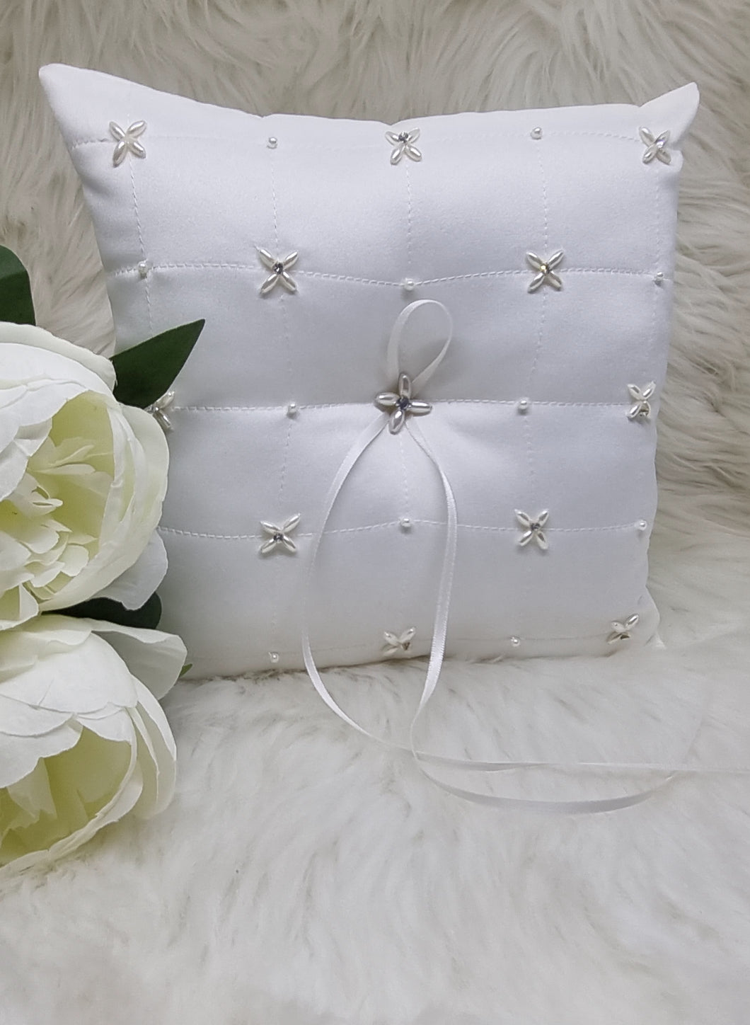 White Satin Diamante & Pearl Wedding Ring Pillow