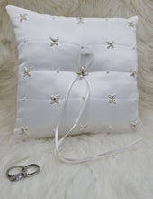 Load image into Gallery viewer, White Satin Diamante &amp; Pearl Wedding Ring Pillow
