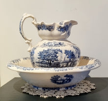 Load image into Gallery viewer, Vintage Bone China Hand Painted Blue &amp; White Willow Pitcher &amp; Wash Bowl Set
