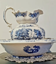 Load image into Gallery viewer, Vintage Bone China Hand Painted Blue &amp; White Willow Pitcher &amp; Wash Bowl Set
