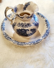 Load image into Gallery viewer, Vintage Bone China Hand Painted Blue &amp; White Willow Pitcher &amp; Wash Bowl Set
