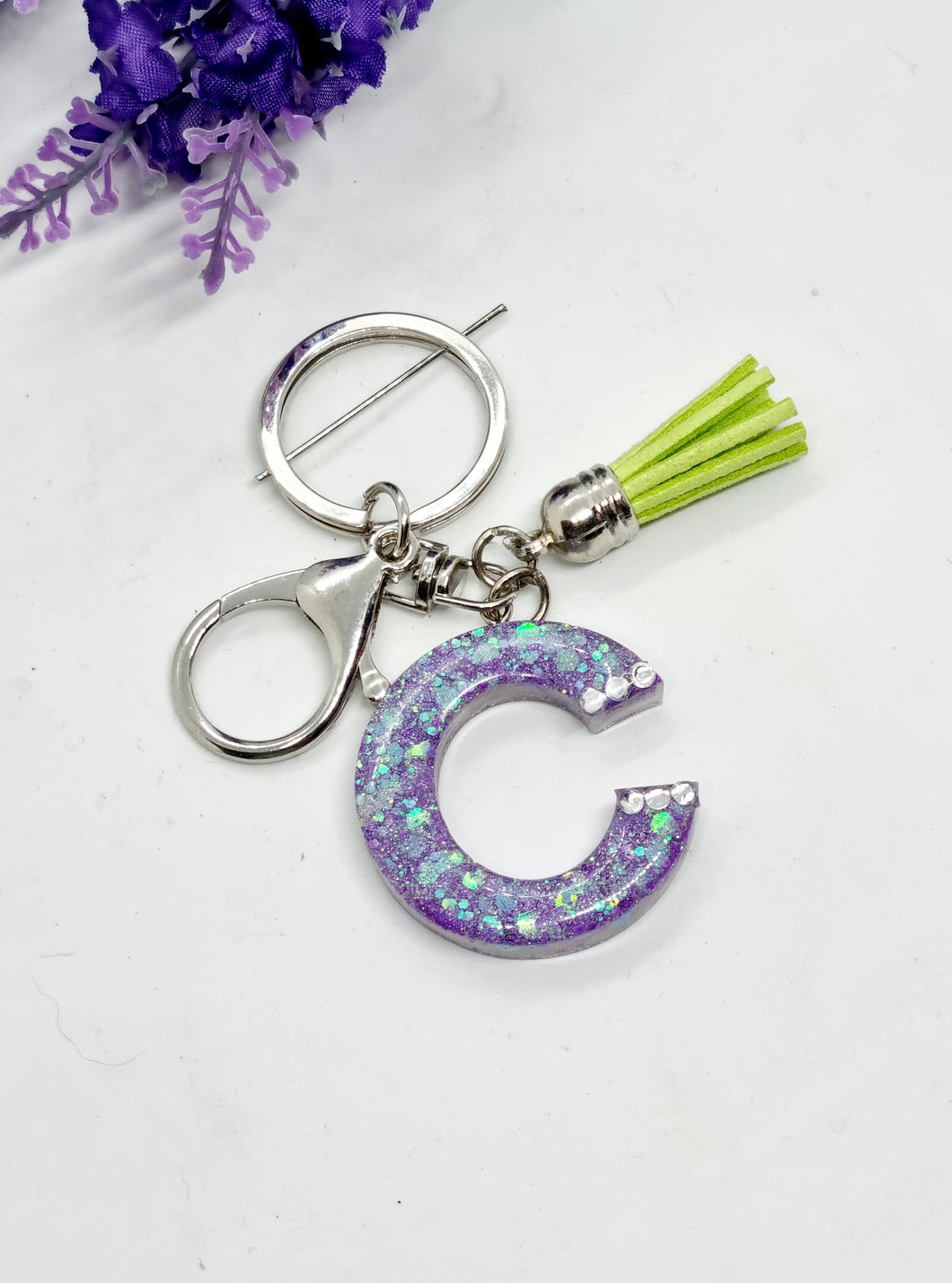 Resin Alphabet Letter Silver Glitter Tassel Keychains