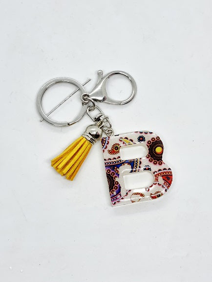 Resin Alphabet Letter Silver Paisley Tassel Keychains