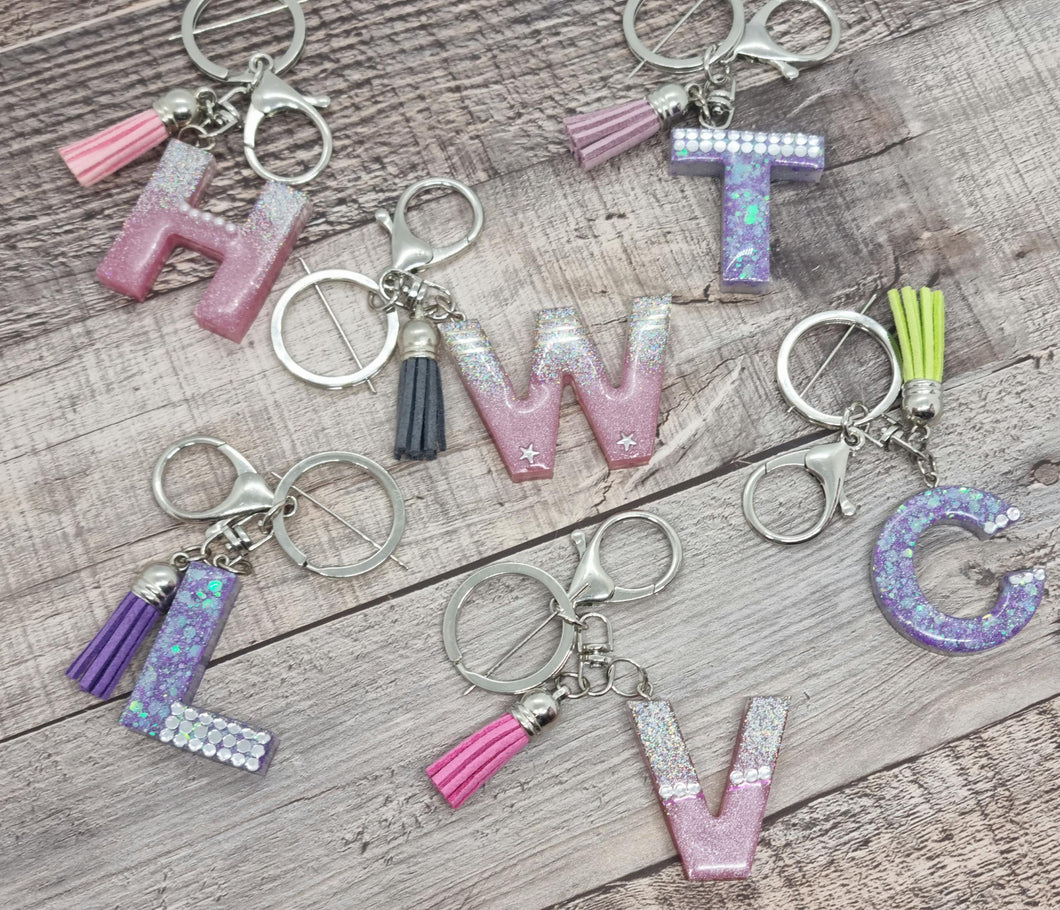 Resin Alphabet Letter Silver Glitter Tassel Keychains