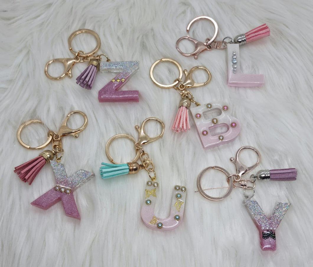 Resin Alphabet Letter Gold & Rose Gold Bling Tassel Keychains