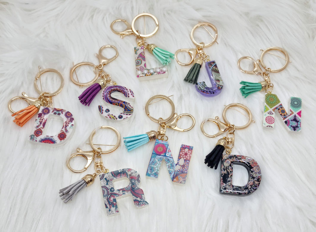 Resin Alphabet Letter Gold Paisley Tassel Keychains