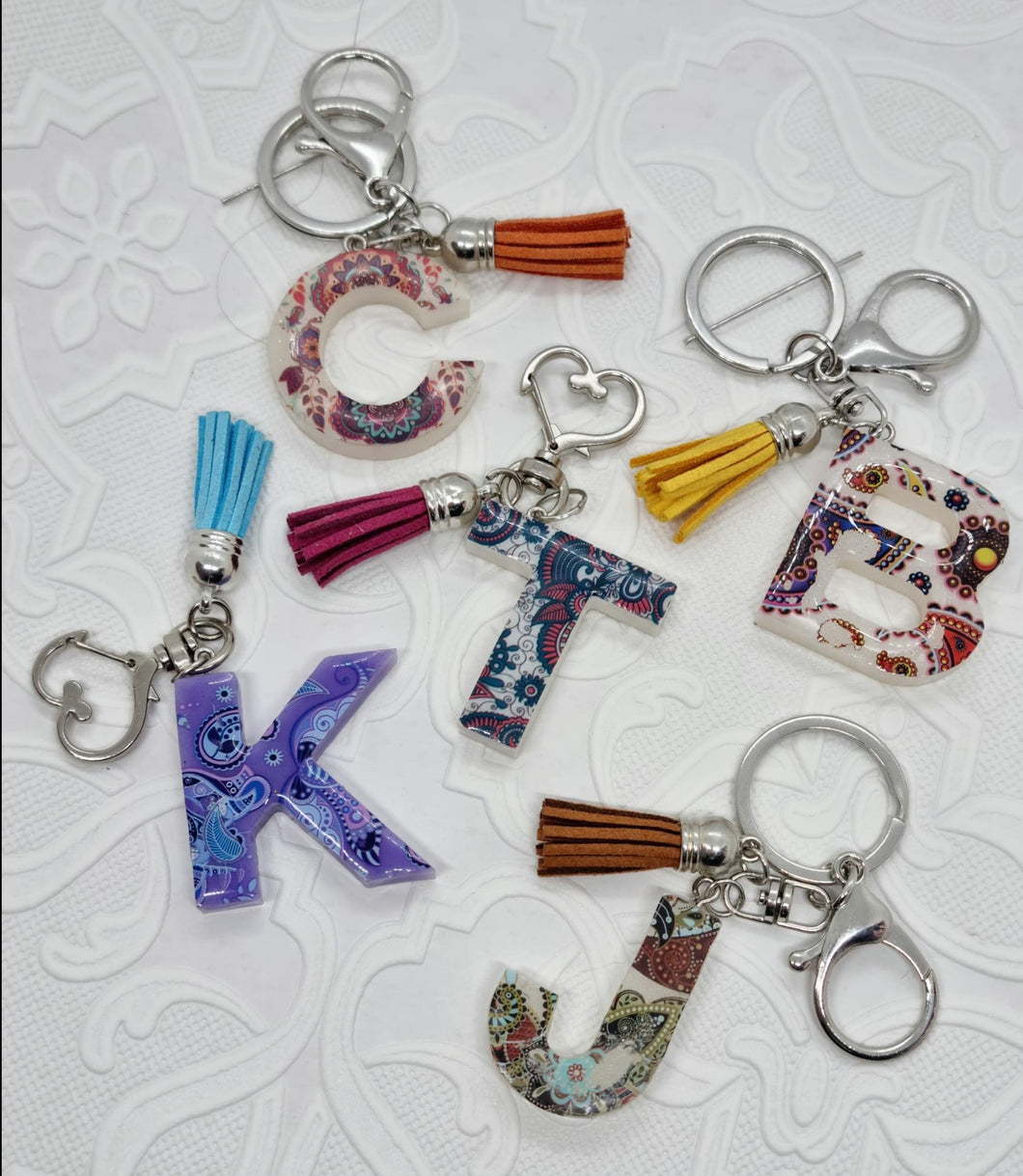 Resin Alphabet Letter Silver Paisley Tassel Keychains