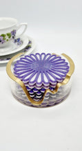 Load image into Gallery viewer, Purple Monochrome Glitter Daisy Resin Coasters &amp; Coaster Holder Set
