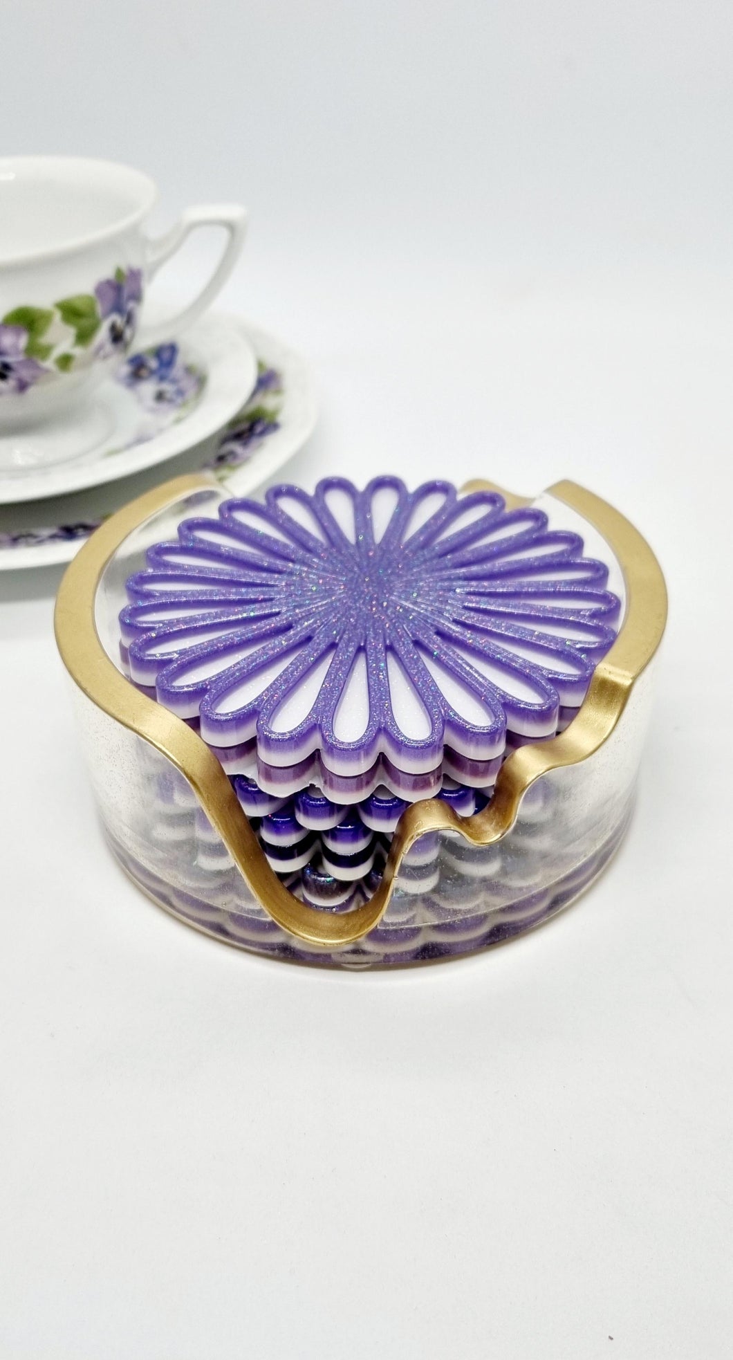 Purple Monochrome Glitter Daisy Resin Coasters & Coaster Holder Set