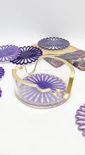 Load image into Gallery viewer, Purple Monochrome Glitter Daisy Resin Coasters &amp; Coaster Holder Set
