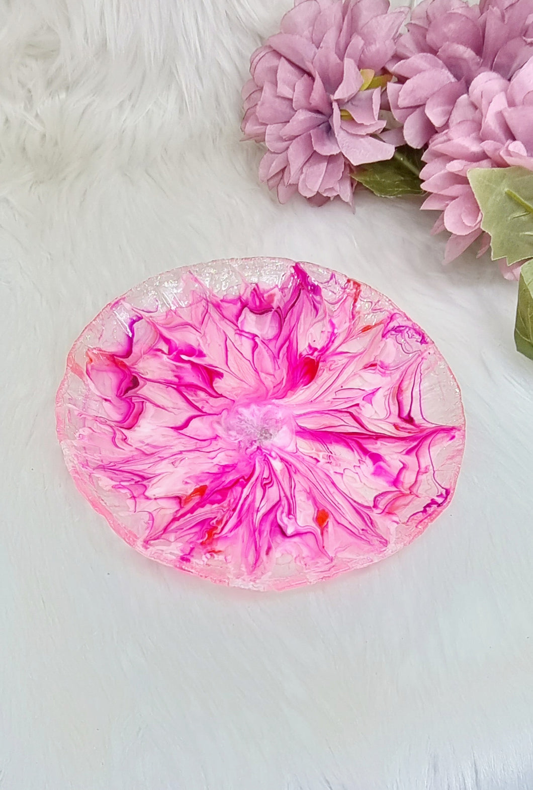 Hot Pink & White Sparkly 3D Bloom Freeform Resin Trinket Dish