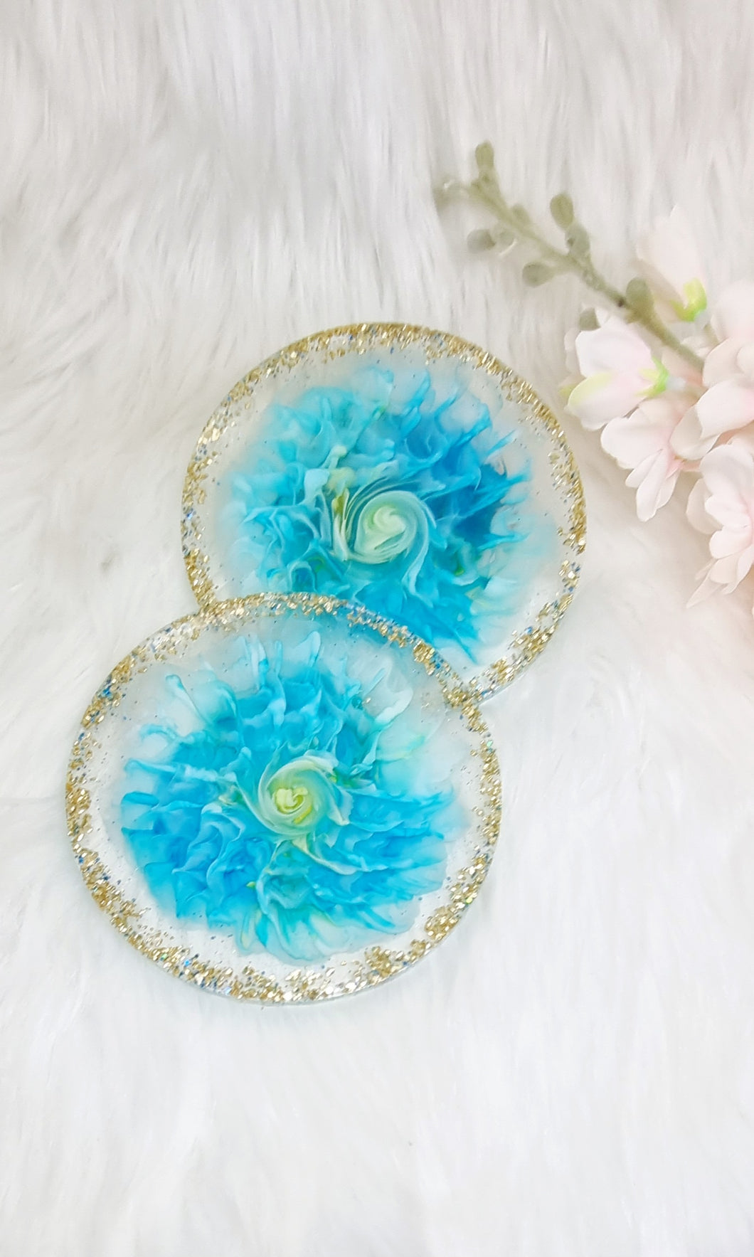 Handcrafted Gold & Teal 3D Bloom Resin Coasters