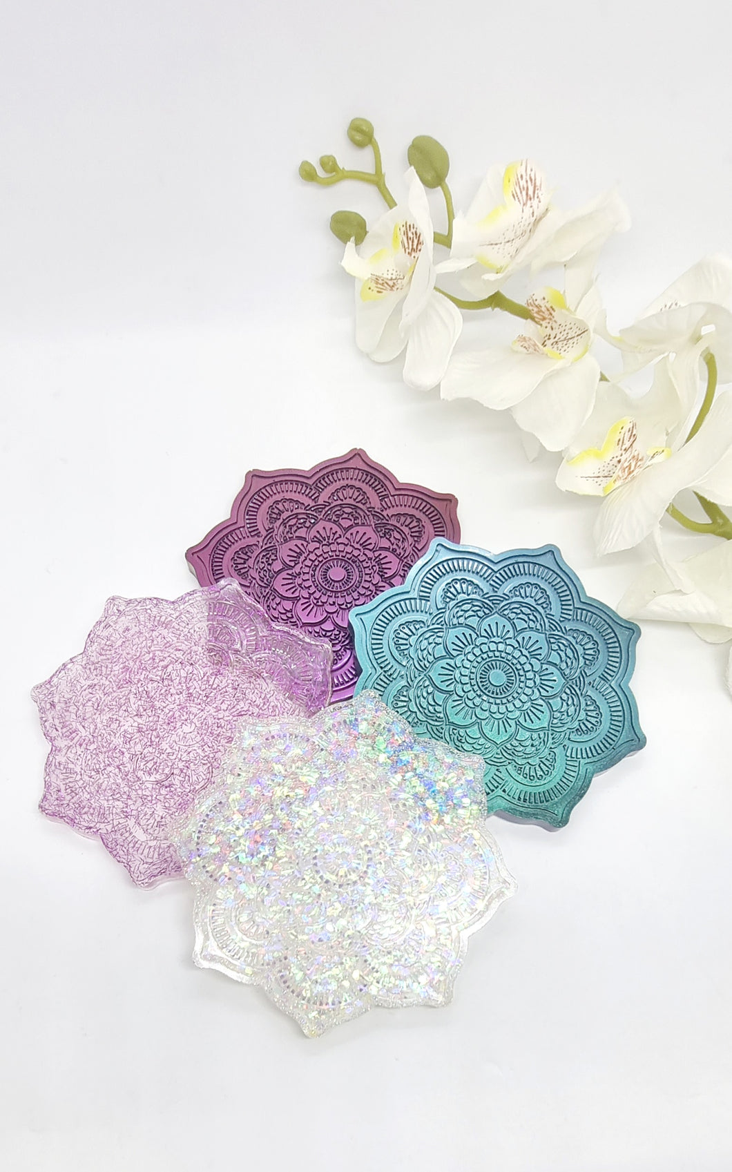 Holographic & Glitter Mandala Flower Resin Coaster Set