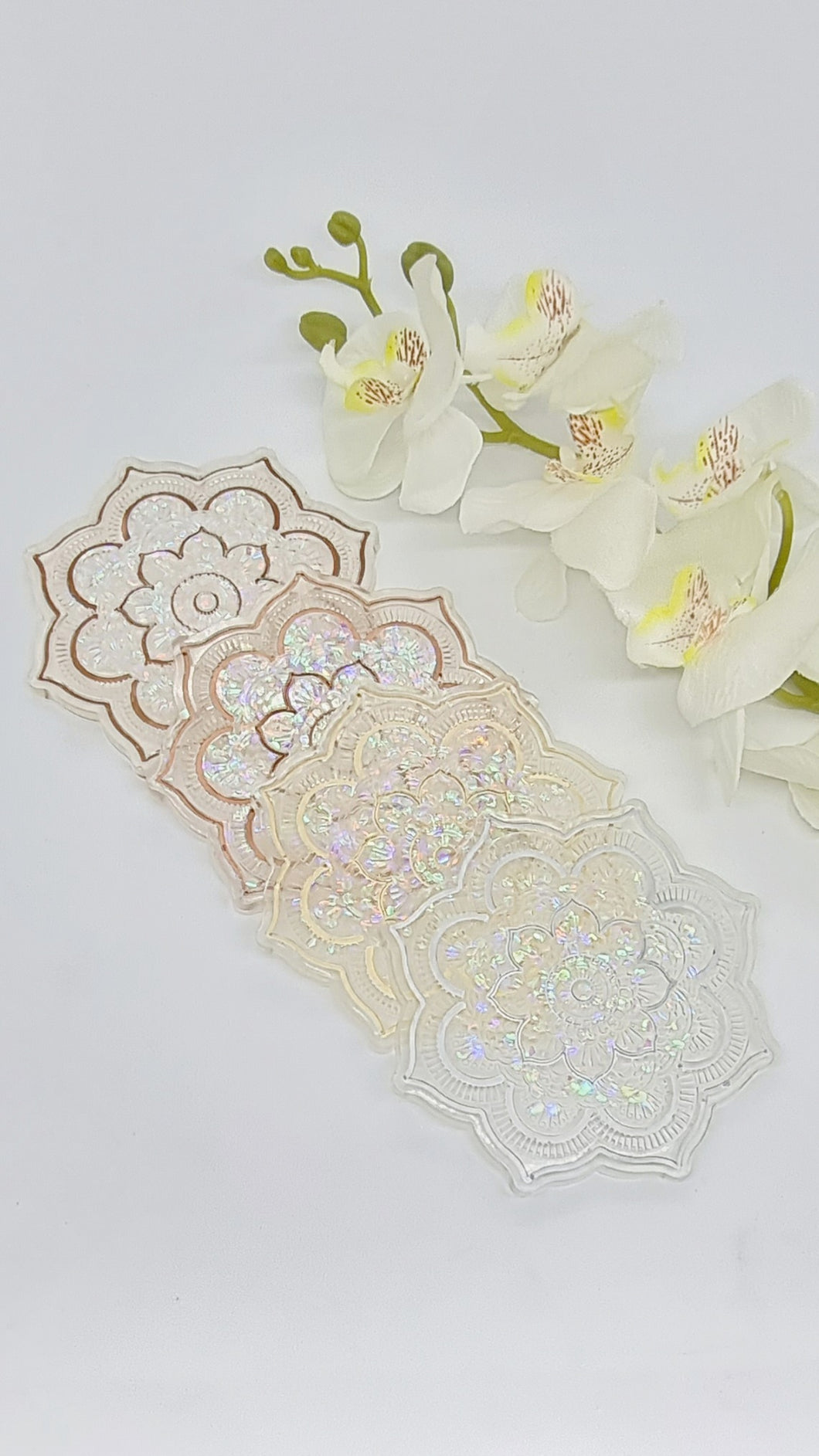 Chunky Glitter Translucent Mandala Flower Resin Coaster Set