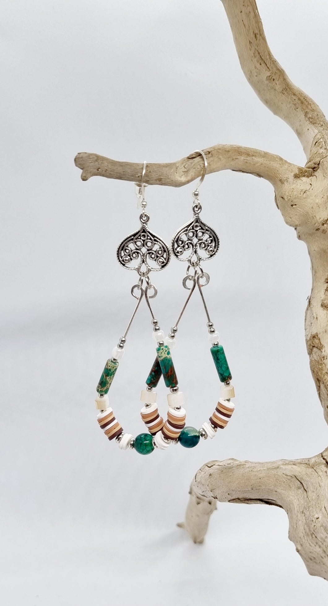 'Pippy' Imperial Jasper & Heishi Bead Silver Charm Teardrop Earrings