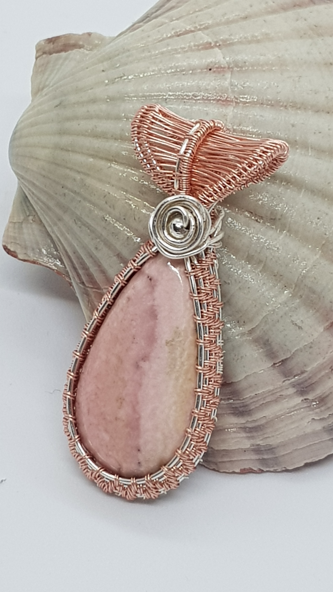 Silver & Rose Gold Wire Wrapped Pink Rhodochrosite Cabochon Pendant