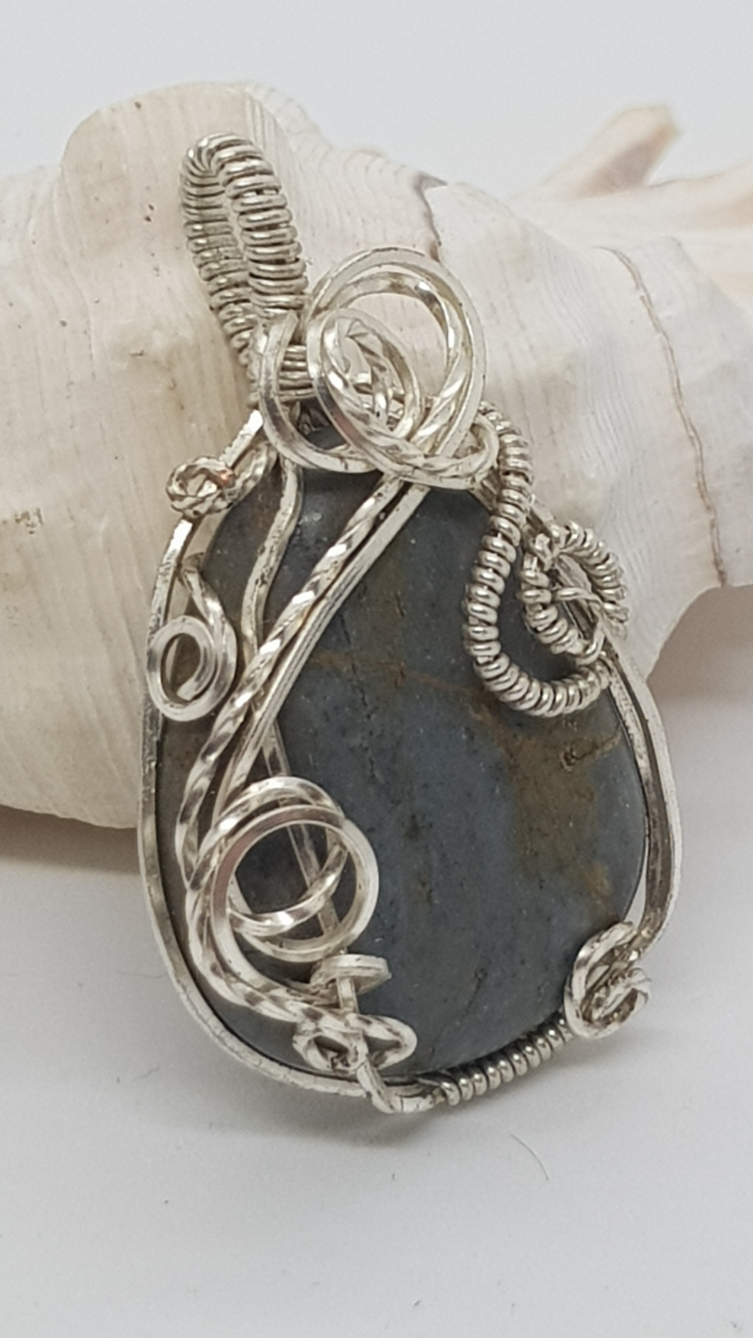 Silver Swirly Tumbled Blue Beach Stone Pendant