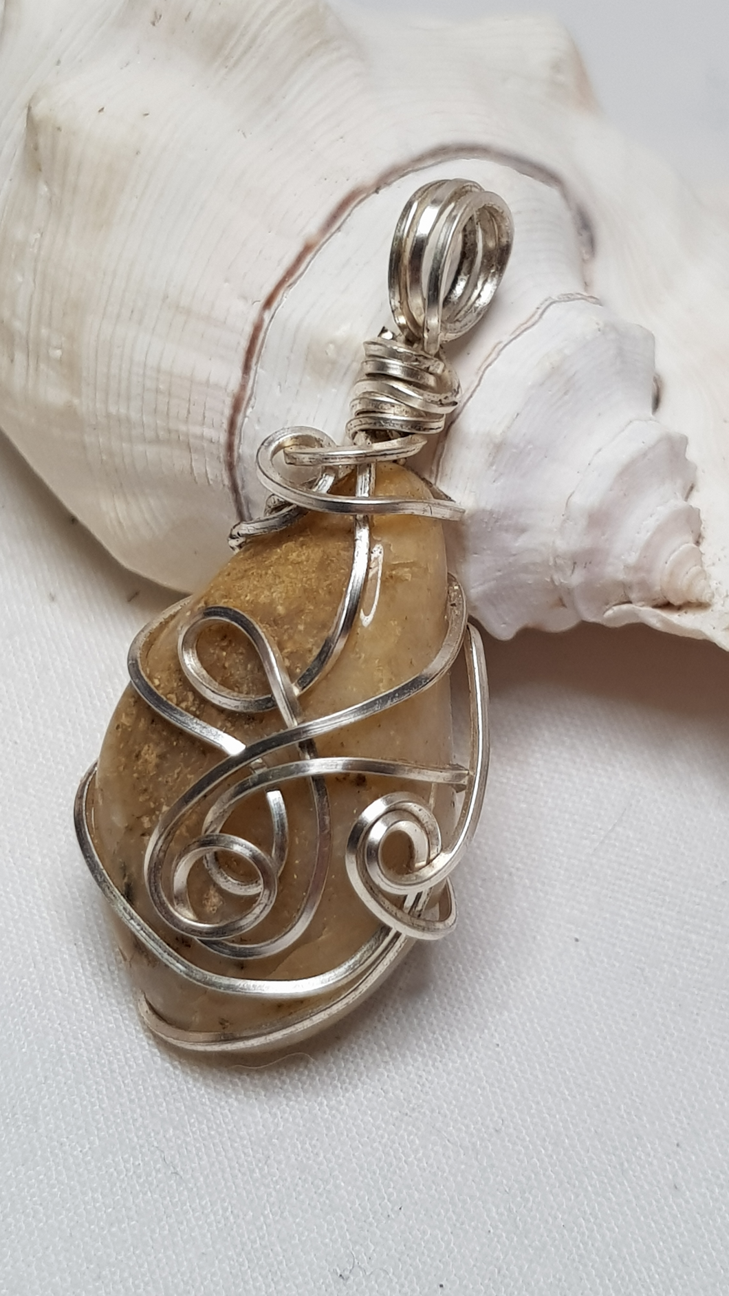 Silver Freeform Yellow Tumbled Beach Stone Pendant