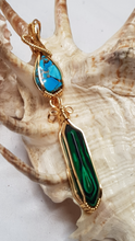 Load image into Gallery viewer, Gold Turquoise Cabochon &amp; Malachite Crystal Double Dangle Pendant
