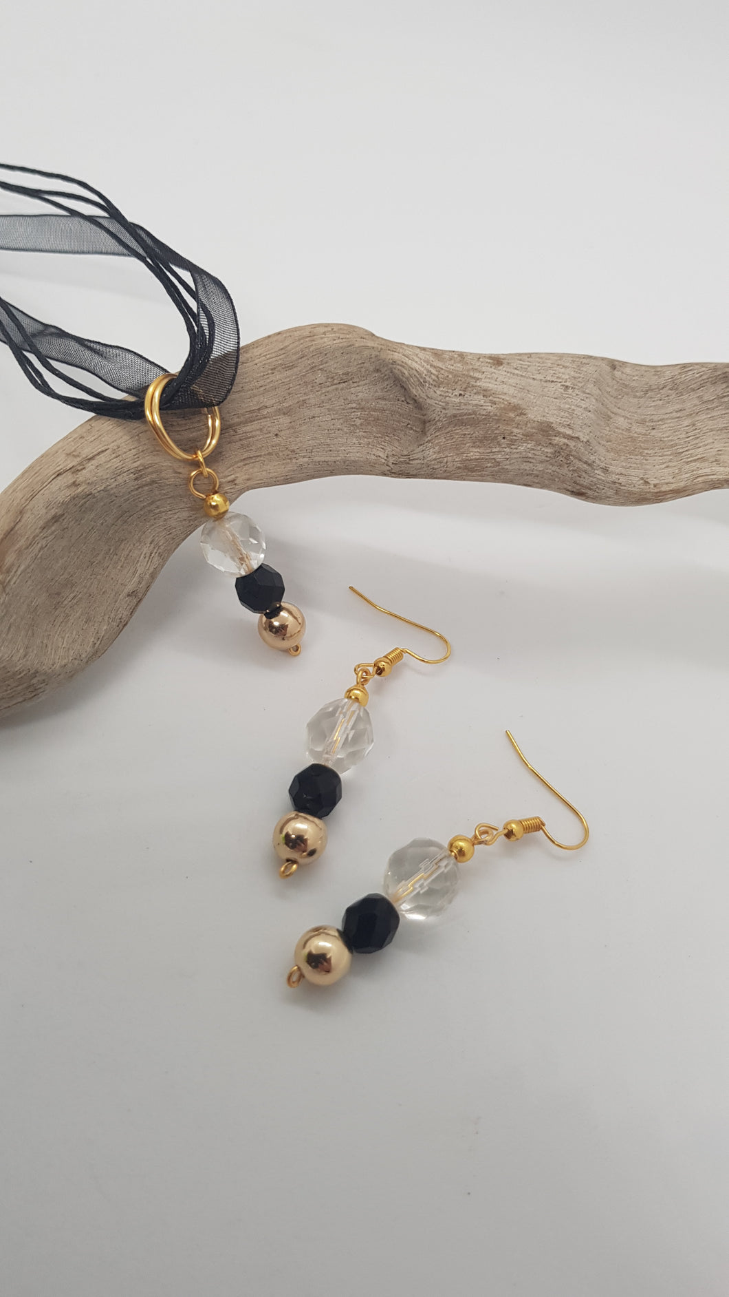 Gold & Black Faceted Bead & Crystal Bead Earrings & Pendant Set