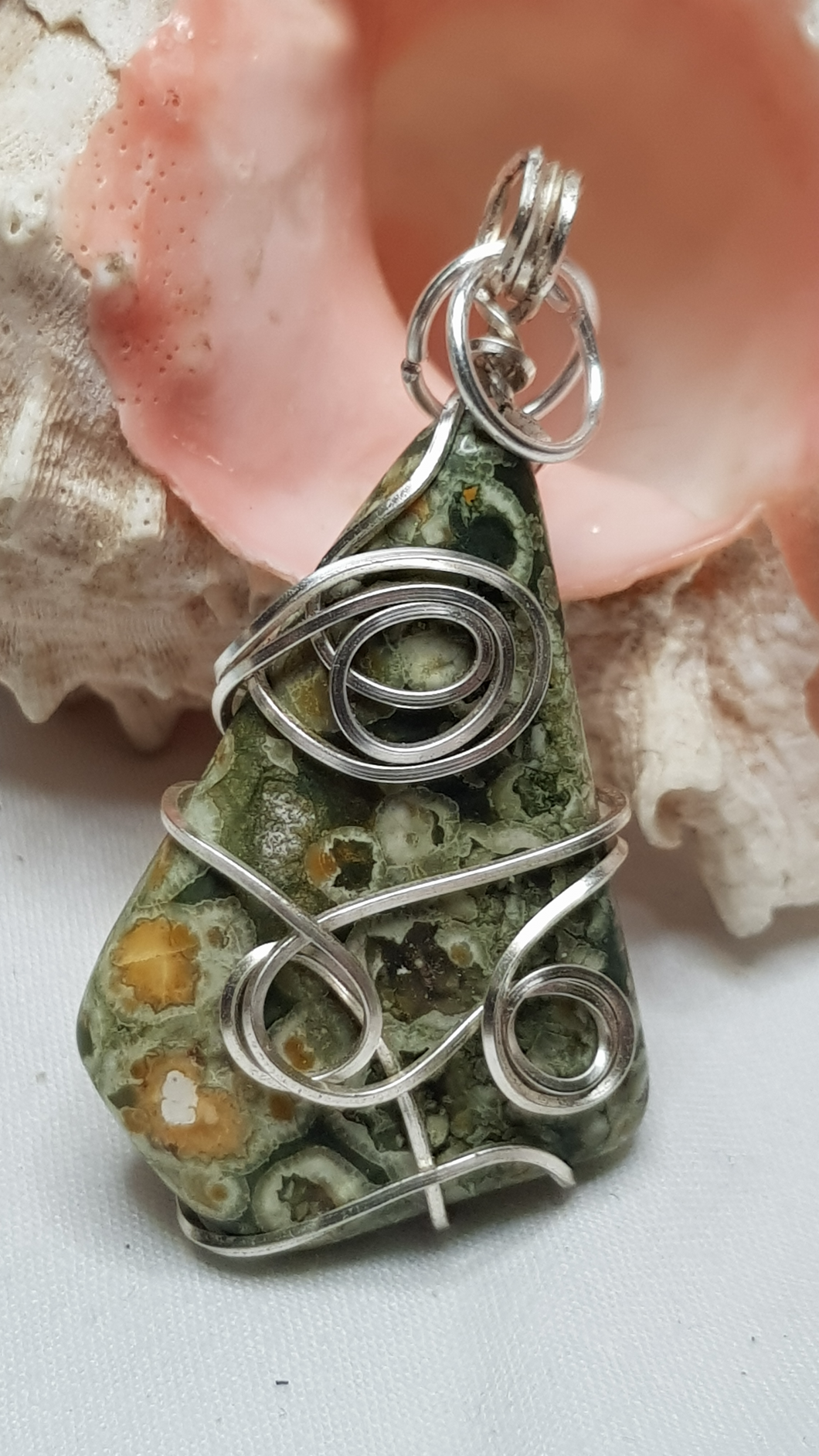 Silver Freeform Tumbled Rainforest Jasper Pendant