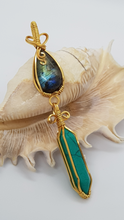 Load image into Gallery viewer, Gold Labrodite Cabochon &amp; Green Turquoise Crystal Double Dangle Pendant
