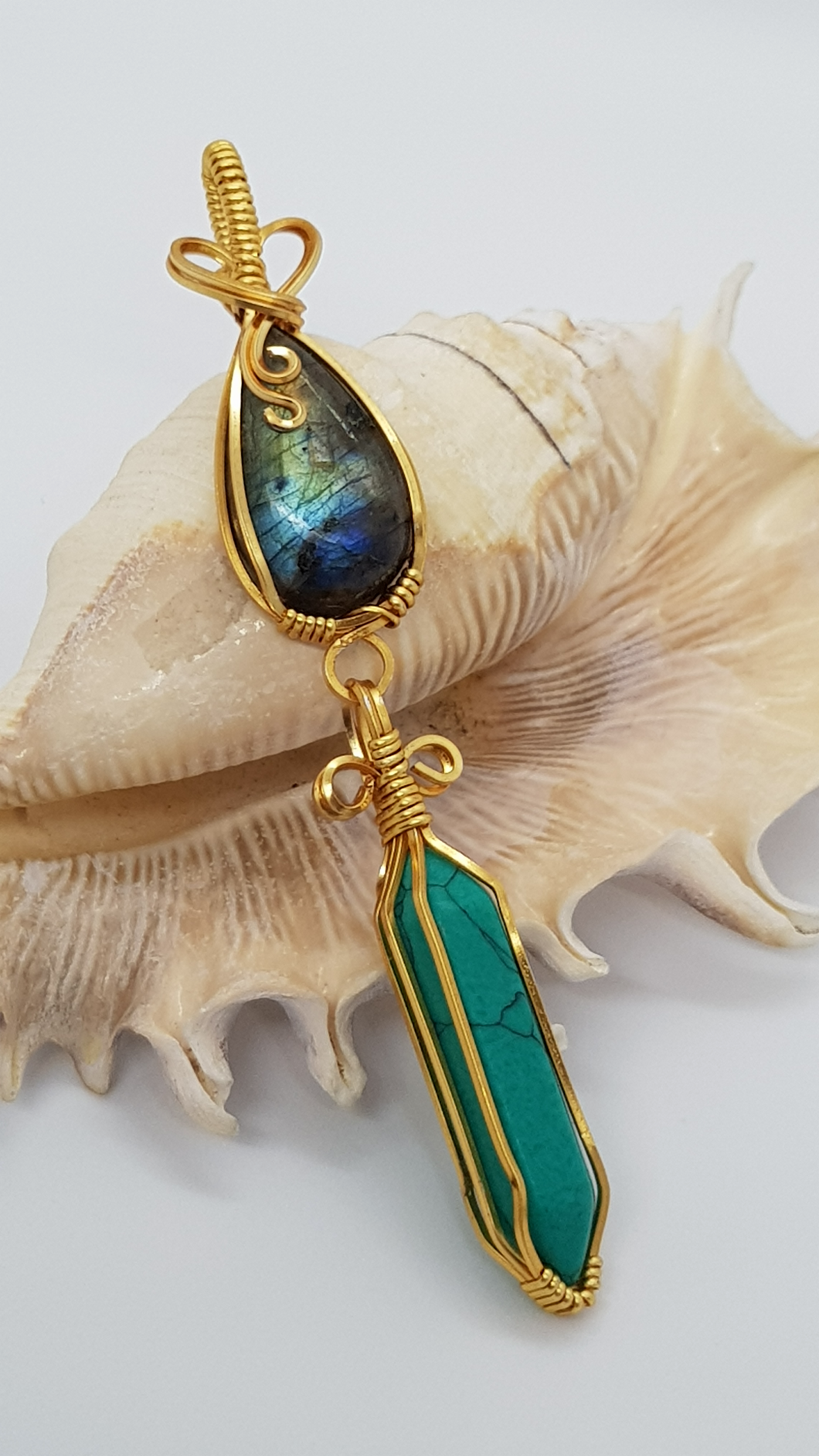 Gold Labrodite Cabochon & Green Turquoise Crystal Double Dangle Pendant