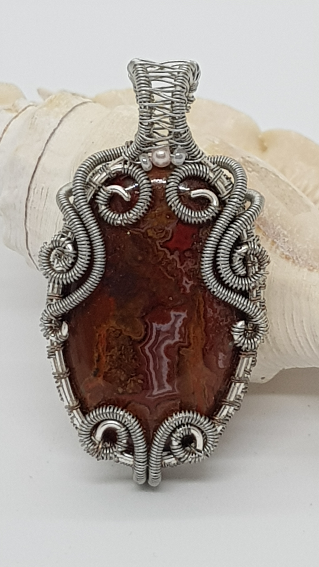 Silver Coiled Crazy Lace Agate Cabochon Pendant