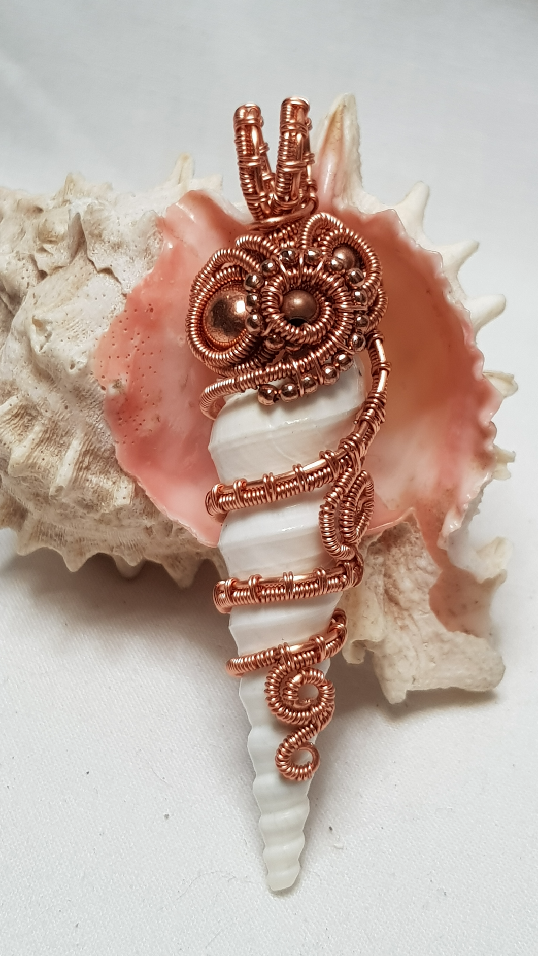 Copper Woven Beaded Turret Seashell Pendant