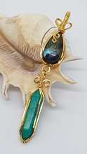 Load image into Gallery viewer, Gold Labrodite Cabochon &amp; Green Turquoise Crystal Double Dangle Pendant
